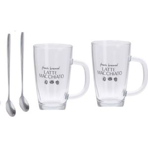 Excellent Houseware Latte macchiato glazen set - 2x - incl. lepels - glas - 300 ml - koffie glazen