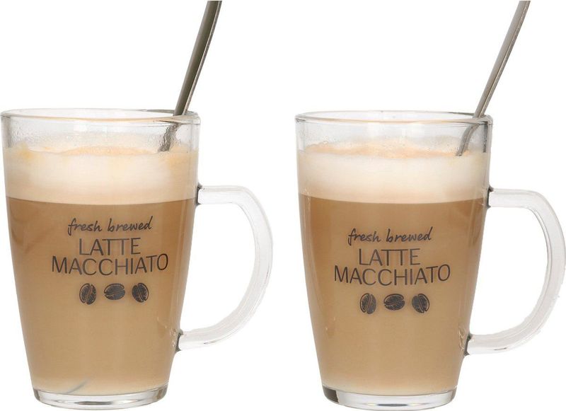 Excellent Houseware Latte macchiato glazen set - 2x - incl. lepels - glas - 300 ml - koffie glazen