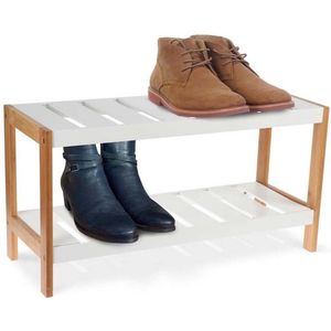 Excellent Houseware Schoenenrek - Schoenenkast - 2 planken - Wit/bruin - lengte 70 cm x breedte 26 cm x hoogte 36 cm