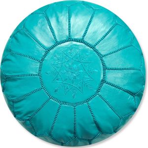 Poufs & Pillows Marokkaanse lederen poef, handgemaakt, gevuld geleverd, Ottomaanse zitzak, voetenbank, turquoise