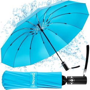 NovaQ Stormparaplu Opvouwbaar met Beschermhoes - Licht Blauw - Grote Paraplu 110 CM - Automatisch Uitklapbaar - Windproof tot 100 KM P/U