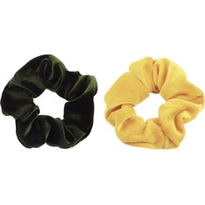 Scrunchie kraagjeskopen.nl - velvet - haarwokkel haarelastiekje donkergroen geel - 2 stuks - scrunchies