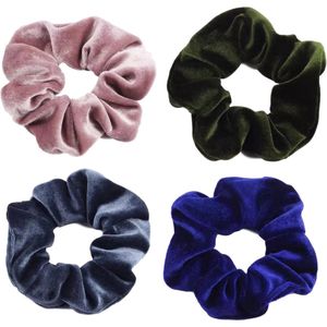 Scrunchie kraagjeskopen.nl - velvet haarwokkel haarelastiek oudroze donkergroen blauwgrijs blauw - 4 stuks - scrunchies