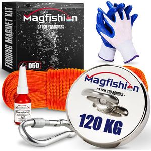 Magfishion Magneetvissen Set 120 KG - Vismagneet - 20 Meter Lang Touw + Karabijnhaak met Schroefsluiting - Handschoenen - Borgmiddel - Magneetvissen Starterspakket - Magneet Vissen - Magneetvissen Kinderen