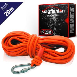 Magfishion Vismagneet Touw - 20 Meter Lang - Karabijnhaak - 500 KG Trekkracht – Dik Touw met Musketonhaak - Oranje