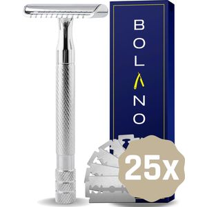 Bolano® Safety Razor Zilver + 25 RVS Scheermesjes Double Edge - Klassiek Scheermes voor Mannen en Vrouwen - Duurzaam Scheren - Zero Waste - RVS Messing