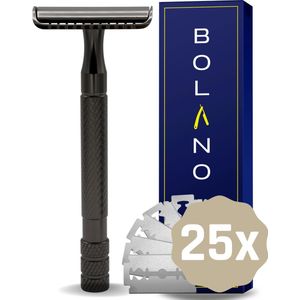 Bolano® Safety Razor Mat Zwart + 25 RVS Scheermesjes Double Edge - Klassiek Scheermes voor Mannen en Vrouwen - Duurzaam Scheren - Zero Waste - RVS Messing - Dichte zijkant