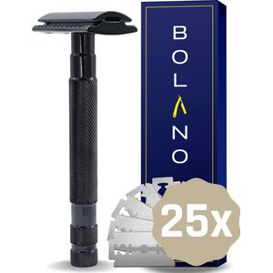 Bolano® Safety Razor Zwart Metallic + 25 RVS Scheermesjes Double Edge - Klassiek Scheermes voor Mannen en Vrouwen - Duurzaam Scheren - Zero Waste - RVS Aluminium en zinklegering