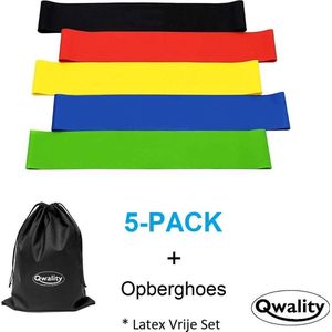 Weerstandsbanden 5x LATEX VRIJ – Sport Elastiek Banden- Resistance Bands - Thuis Train Set – Fitness - Inclusief Oefeningen - Qwality