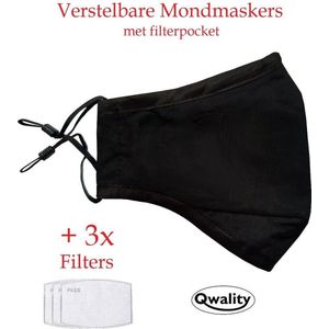 Mondkapje Wasbaar - MET Filter Zakje en 3 Filters - Verstelbaar Mondmasker - Stof - Katoen - Met Neusbrug - Zwart - Qwality