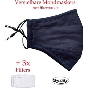 Mondkapje Wasbaar - MET Filter Zakje en 3 Gratis Filters - Verstelbaar Mondmasker - Stof - Katoen - Met Neusbrug - Donker Blauw - Qwality
