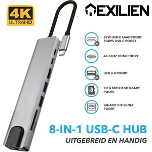 Exilien USB-C Hub - 8 in 1 - USB 3.0, 3,5mm AUX, HDMI, LAN, USB-C, SD en Micro-SD - Grijs