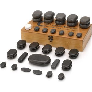 Hot Stone Massage Stenen - natuurlijke basaltstenen met marmeren coldstones - warmtehoudend - 45 stuks incl. opbergdoos - Gift set cadeau