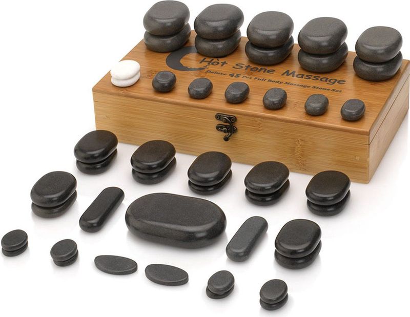 ZenGrowth - Hotstones - 45 Stuks - Massage Stenen - 100% Basaltsteen - Inclusief Bamboe Opbergdoos