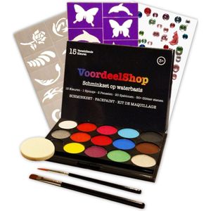 VoordeelShop Schminkset op Waterbasis met Penselen + Gratis E-book, Sponsje, Sjablonen en 50+ Glitters + - Schmink Palet voor Kinderen 15 Kleuren x 3 Gram - Halloween