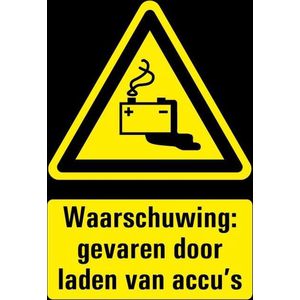 Waarschuwing voor gevaren door laden accu's bord met tekst 297 x 420 mm