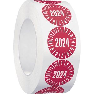Keuringssticker met jaartal 2024 op rol, rood 15 mm - 1000 per rol