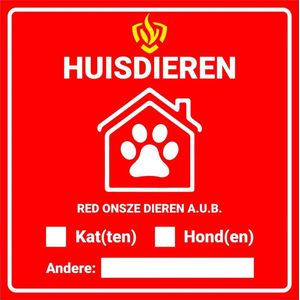 Huisdieren bord brandweer 125 x 125 mm