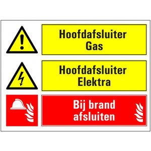 Hoofdafsluiters elektra en gas afsluiten bij brand bord 600 x 450 mm - kunststof