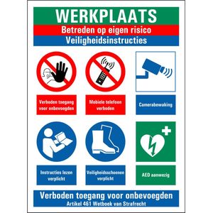 Werkplaats betreden op eigen risico bord 280 x 210 mm