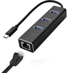 MMOBIEL - USB Type C naar Ethernet Adapter - Zwart - 100 Mbps - RJ45 Dongle met 3 USB 3.0 Poorten