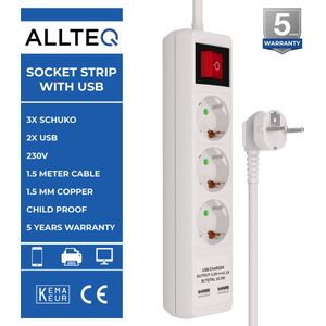 Stekkerdoos - Schuko - 3 voudig - 2x USB - Aan/uit schakelaar - Wit - Allteq