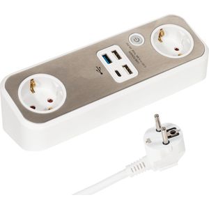 Stekkerdoos - Bureau stekkerdoos - 2x Schuko - 3x USB A - 1x USB C - 1.5 meter - Zilver - Allteq