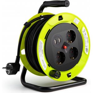 Stekkerdozen - Geel/ Zwart - 3 voudige Kabelhaspel met 2 USB Oplader - 15 Meter Kabellengte - 230 V - 16 A