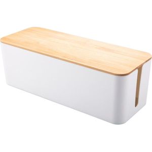 Kabelbox met houten deksel - Kabeldoos - Opbergbox stekkerdoos - Kabelbox voor snoeren wegwerken - Wit - 40,5 cm - Allteq