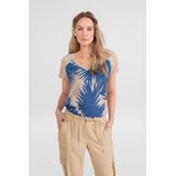 Eefje - T-shirt - Blauw - Beige - Viscose en Linnen - Korte Mouwen