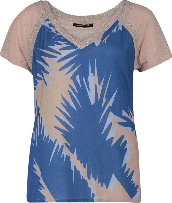 Eefje - T-shirt - Blauw - Beige - Viscose en Linnen - Korte Mouwen