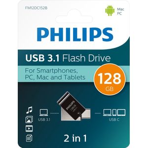 Philips USB Stick 128GB Dual connector USB 3.1 and USB-C Flash Drive for PC, Laptop, Computer, (Android) Smartphone, Tablet Ultra Small Reads up to 180MB/s Black
