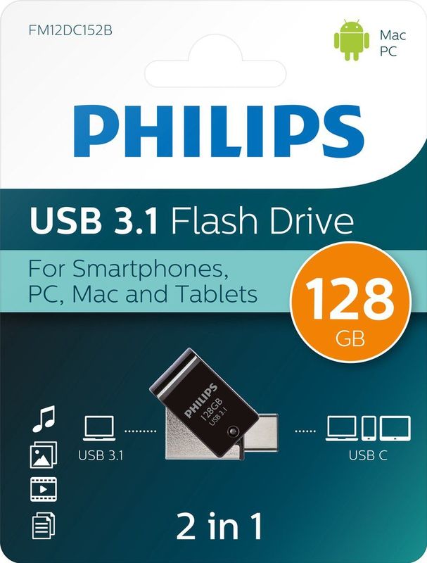 Philips - 2 in 1 OTG USB Stick - 128GB - Zwart - USB 3.1 + USB C