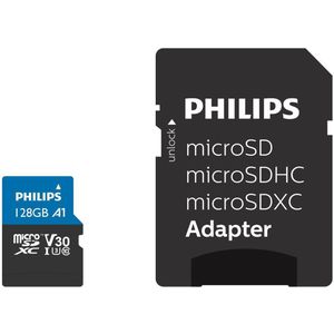 Philips Ultra Pro microSDXC-kaart 128 GB + SD-adapter UHS-I U3, leessnelheid tot 100 MB/s, A1 Fast App Performance, V30, geheugenkaart voor smartphones, tablet, pc, 4K UHD video