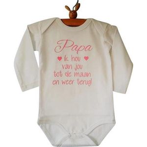 Baby Rompertje meisje tekst cadeau eerste vaderdag Papa ik hou van jou tot de maan en weer terug | Lange mouw | wit met roze | maat 86/92 | mooiste cadeautje kind liefste lief beste held superman leukste mijn is de allerbeste best allerliefste