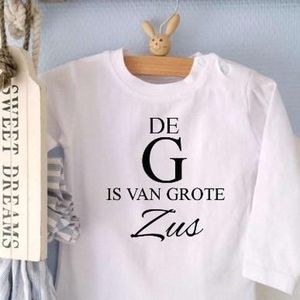 Baby Rompertje met tekst De G is van grote Zus meisje - Zwangerschapsaankondiging  | Lange mouw | wit | maat 86-92  zwangerschap aankondiging
