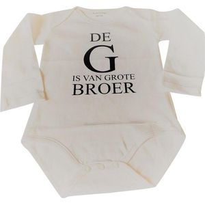 Baby Rompertje met tekst De G is van grote broer jongen - Zwangerschapsaankondiging  | Lange mouw | wit | maat 74-80  zwangerschap aankondiging