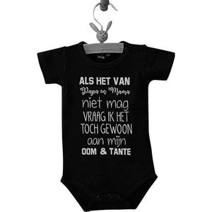 Baby Romper met tekst bedrukking Als het van papa en mama niet mag vraag ik het toch gewoon aan mijn oom en tante | korte mouw | zwart wit | maat 62/68