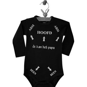 Baby Romper zwart met tekst bedrukking | Hoofd Arm Been pijlen je kunt / kan het pap / papa / pappie | lange mouw | zwart wit | maat 62/68 | I love vaderdag cadeau