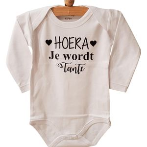 Baby Rompertje met tekst zwangerschapsaankondiging Hoera je wordt tante | Lange mouw | wit zwart | maat 50/56 | geboorte Cadeau Kraamcadeau zwangerschap aankondiging aankondigen
