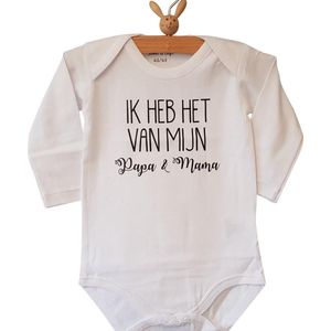 Baby rompertje met grappige tekst Ik heb het van mijn papa en mama! | Lange mouw | wit | maat 74/80