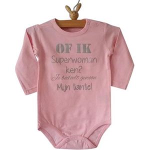 Baby Romper roze meisje met tekst | Of ik superwoman ken? Je bedoelt gewoon mijn tante! | lange mouw | roze | maat 74 / 80 cadeau