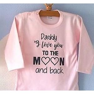 Baby Rompertje lichtroze meisjes met tekst | Daddy I love you to the moon and back | lange mouw | roze met donker grijs | maat 86/92 | Papa eerste vaderdag mooiste cadeautje cadeau kind cadeautje liefste lief beste held superman leukste mijn is de