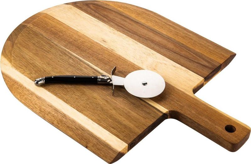 Laguiole Style de Vie - Pizzasnijder - Zwart - RVS met Kunststof Heft - Inclusief Acaciahouten Plank
