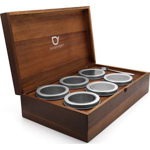 Bredemeijer Theedoos met 6 theeblikken voor losse thee rond + lepel acacia hout