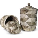Safaary - Rieten Wasmand met Deksel Zeegras Zwart-Wit - 40x40 CM