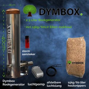 Dymbox 2,3L koud rookgenerator incl. 10kg Beuken rookhout snippers (incl. luchtpomp + starters set) voor rookovens rookkasten en BBQ ( cold smoker ) koud rook generator CSG