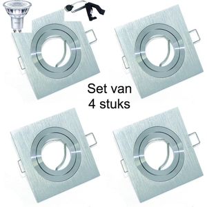 Inbouwspots aluminium met ledlamp set van 4 stuks 230 Volt - Led inbouwspot vierkant verstelbaar met dimbare ledlamp kleur 4000K - 230Volt inbouwspot met GU10 ledlamp 4000K.