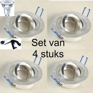 Inbouwspots aluminium met ledlamp set van 4 stuks 230 Volt - Led inbouwspot rond. Verstelbaar met dimbare ledlamp kleur 4000K - 230Volt inbouwspot met GU10 ledlamp 4000K.
