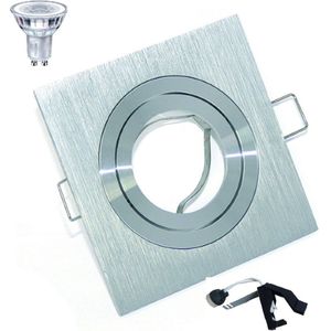 Spotjes plafond aluminium met ledlamp set van 1 stuks 230 Volt - Spotjes inbouw vierkant. Verstelbaar met dimbare ledlamp kleur 2700K - 230Volt inbouwspot met GU10 ledlamp 2700K. Op deze inbouwspot met ledlamp heeft u 5 jaar garantie